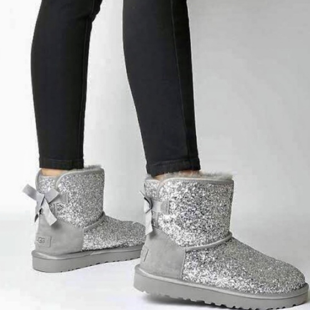 UGG classic mini sparkling sequined silver boots